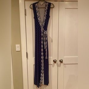 Diane VonFurstenburg long wrap dress in a blue, white and black pattern